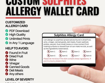 Wallet-Size Custom Sulphites Allergy Card for Travel | Sulfite Sensitivity, Intolerance, or Severe Reaction | Personalized in One Language