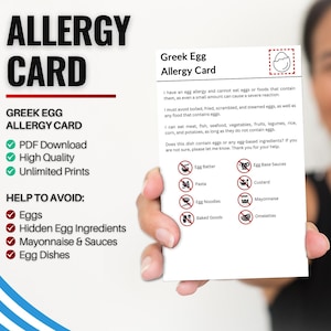 Tarjeta de alergia al huevo en Grecia para viajes y restaurantes / Alergia al huevo en Grecia (Descarga digital)