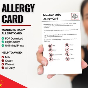 Mandarijn-zuivelallergiekaart voor reizen en restaurants | Melk- en zuivelallergie in China (digitale download)