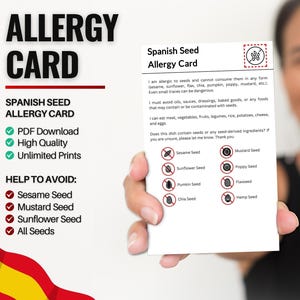 Tarjeta Española de Alergia a las Semillas para Viajes y Restaurantes / Alergia al Sésamo y a las Semillas en España (Descarga Digital)