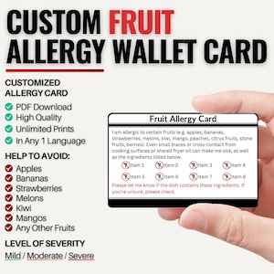 Benutzerdefinierte Obst-Allergie-Karte für die Reise | Leichte bis schwere Fruchtallergie / Empfindlichkeit | Personalisiert in einer Sprache