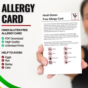 Hindi glutenvrije allergiekaart voor reizen en restaurants | Tarwe- en glutenvrije/coeliakie-allergie in India (digitale download)