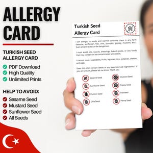 Cartão turco de alergia a sementes para viagens e restaurantes | Alergia a gergelim e sementes na Turquia (download digital)
