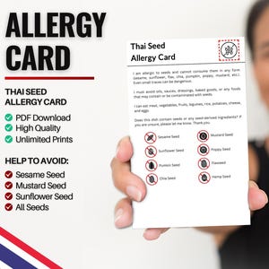 Cartão de alergia a sementes tailandesas para viagens e restaurantes | Alergia a gergelim e sementes na Tailândia (download digital)