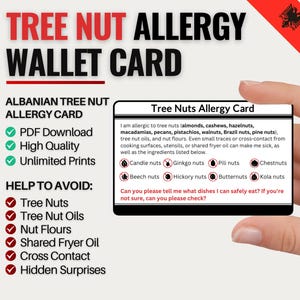 Albanese reiskaart voor allergie voor boomnoten | Allergie voor boomnoten in Albanië | Digitale download voor restaurants en cafés | Allergiekaart voor reizen