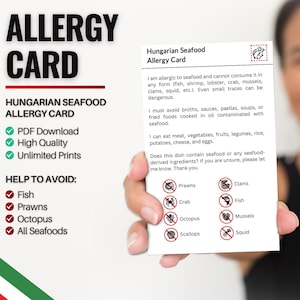 Hongaarse kaart voor zeevruchtenallergie | Restaurantkaart voor zeevruchtenallergie | Allergiekaarten voor op reis (digitale download)