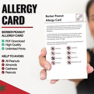 Carte berbère d'allergies aux arachides pour les voyages et les restaurants | Allergie aux arachides et aux noix au Maroc (téléchargement numérique)