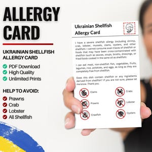 Ukrainische Muschel-Allergie Karte für Reisen und Restaurants | Garnelen- & Krebstier-/Schalentierallergie in der Ukraine (Digital Download)