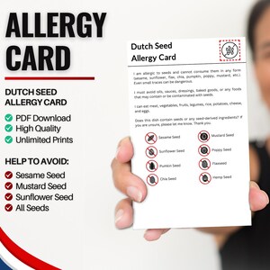 Tarjeta de alergia a semillas para viajes y restaurantes / Alergia al sésamo y a las semillas en los Países Bajos (Descarga digital)