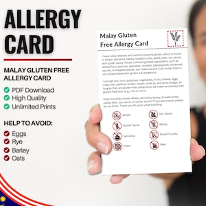 Maleisische glutenvrije allergiekaart voor reizen en restaurants | Tarwe- en glutenvrije/coeliakie-allergie in Maleisië (digitale download)