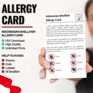 Indonesische Muschel-Allergie Karte für Reisen und Restaurants | Garnelen- & Krebstier-/Schalentierallergie in Indonesien (Digital Download)