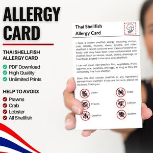 Thaise allergiekaart voor schaaldieren voor reizen en restaurants | Allergie voor garnalen, schaal- en schelpdieren in Thailand (digitale download)