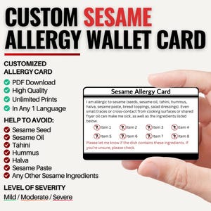 Carte personnalisée format portefeuille sur les allergies au sésame | Alerte à l'allergie grave/à l'anaphylaxie | Personnalisé dans une langue (téléchargement numérique)