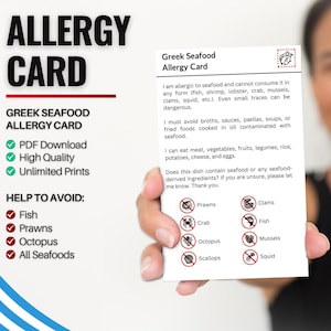 Griechische Meerestierallergiker Karte | Restaurant-Karte für Fischallergiker | Allergiekarten für die Reise (Digitaler Download)