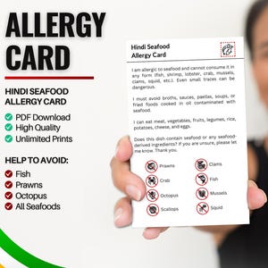 Hindi kaart met zeevruchtenallergie | Restaurantkaart voor zeevruchtenallergie | Allergiekaarten voor op reis (digitale download)