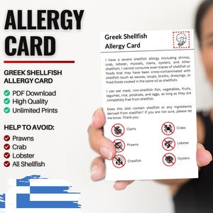 Griekse schaaldierallergiekaart voor reizen en restaurants | Allergie voor garnalen, schaal- en schelpdieren in Griekenland (digitale download)