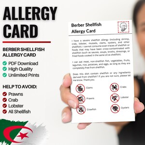 Carte berbère d'allergies aux crustacés pour les voyages et les restaurants | Allergie aux crevettes et aux crustacés/mollusques et crustacés au Maroc (téléchargement numérique)