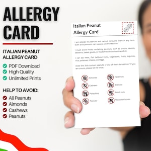 Italiaanse pinda-allergiekaart voor reizen en restaurants | Pinda- en notenallergie in Italië (digitale download)