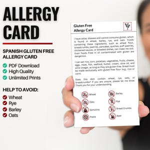 Spaanse glutenvrije allergiekaart voor reizen en restaurants | Tarwe- en glutenvrije/coeliakie-allergie in Spanje (digitale download)