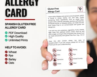 Scheda allergia senza glutine spagnola per viaggi e ristoranti / Senza grano e glutine/Allergia celiaca in Spagna (download digitale)