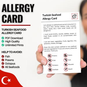 Turkse zeevruchtenallergiekaart | Restaurantkaart voor zeevruchtenallergie | Allergiekaarten voor reizen in Turkije (digitale download)