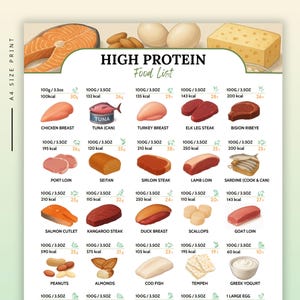 May include: A colorful food list titled "HIGH PROTEIN Food List" with illustrations of various protein-rich foods. Includes chicken breast, tuna, turkey breast, elk leg steak, bison ribeye, and more. Measurements are in ounces and calories.