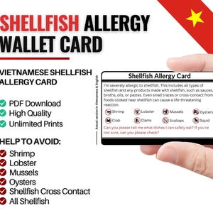 Peut inclure: Une carte de portefeuille avec le texte "Shellfish Allergy Wallet Card". La carte répertorie les crustacés à éviter et une déclaration sur les allergies aux crustacés. La carte est tenue par une personne.