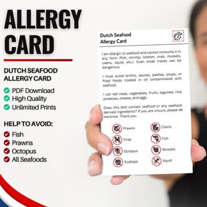 Tarjeta de alergia a mariscos holandesa / Tarjeta de restaurante para alergias a mariscos / Tarjetas de alergia para viajes (Descarga digital)