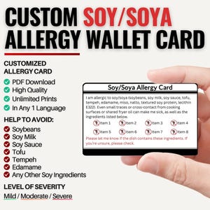 Aangepaste soja-allergiekaart voor reizen op portemonneeformaat | Lichte tot ernstige soja-allergie/anafylaxierisico | Gepersonaliseerd in één taal