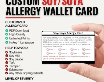 Wallet-Size Custom Soy Allergy Card for Travel | Mild to Severe Soy Allergy / Anaphylaxis Risk | Personalized in One Language