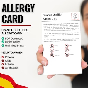 Cartão Espanhol de Alergia a Frutos do Mar para Viagens e Restaurantes | Alergia a Camarão e Crustáceos/Frutos do Mar na Espanha (Download Digital)