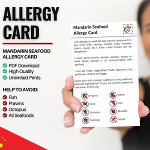 Mandarijn kaart voor zeevruchtenallergie | Restaurantkaart voor zeevruchtenallergie | Allergiekaarten voor op reis (digitale download)