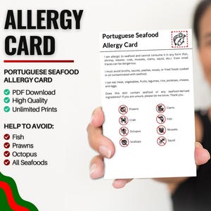 Portugesische Seafood Allergiker Karte für Travel & Restaurants | Fisch und Meerestierallergie in Portugal (Digitaler Download)