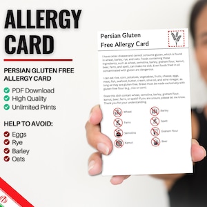 Perzische (Farsi) glutenvrije allergiekaart voor reizen en restaurants | Tarwe- en glutenvrije/coeliakie-allergie in Iran (digitale download)