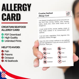 Kroatische kaart voor zeevruchtenallergie | Restaurantkaart voor zeevruchtenallergie | Allergiekaarten voor op reis (digitale download)