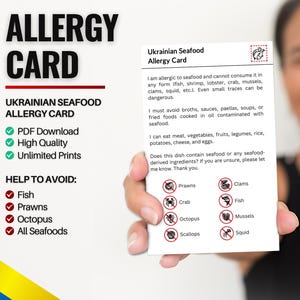 Oekraïense kaart voor zeevruchtenallergie | Restaurantkaart voor zeevruchtenallergie | Allergiekaarten voor op reis (digitale download)