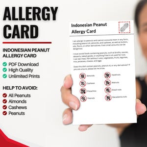 Indonesische pinda-allergiekaart voor reizen en restaurants | Pinda- en notenallergie in Indonesië (digitale download)