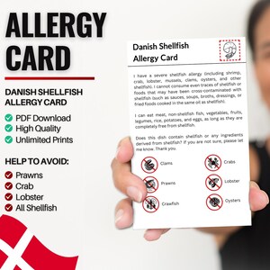Deense schaaldierallergiekaart voor reizen en restaurants | Allergie voor garnalen, schaal- en schelpdieren in Denemarken (digitale download)
