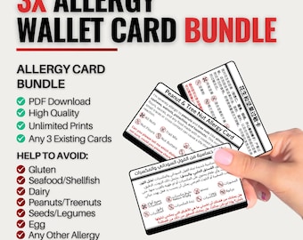 May include: Allergy wallet card bundle with three cards. The cards are white with text in multiple languages, including English and Chinese. The cards list common allergens to avoid, such as gluten, dairy, and peanuts.