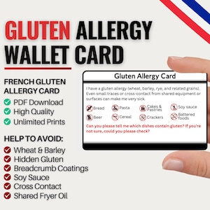 以下が含まれることがあります： 「Gluten Allergy Card」の文字が入った、グルテンアレルギー対応のウォレットカード。小麦、大麦、醤油など、避けるべき品目が記載されています。カードは手で持たれています。