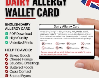 Dairy Allergy Travel Card | Milk Allergy Dining Card for UK, USA, Australia and More | Digital Download for Restaurants & Cafés | English