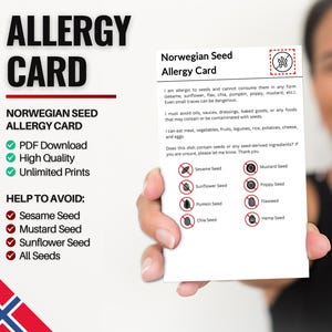 Tarjeta Noruega de Alergia a las Semillas para Viajes y Restaurantes / Alergia al Sésamo y a las Semillas en Noruega (Descarga Digital)