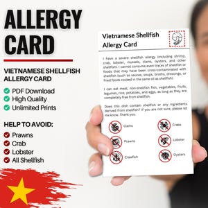 Vietnamese allergiekaart voor schaaldieren voor reizen en restaurants | Allergie voor garnalen, schaal- en schelpdieren in Vietnam (digitale download)