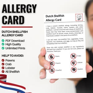 Tarjeta de alergia a mariscos holandesa para viajes y restaurantes / Alergia a camarones, crustáceos y mariscos en Países Bajos (descarga digital)