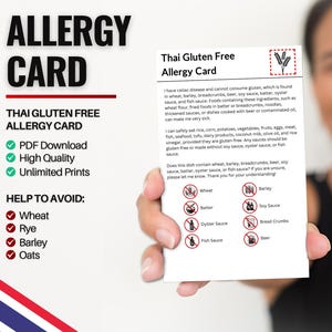 Thaise glutenvrije allergiekaart voor reizen en restaurants | Tarwe- en glutenvrije/coeliakie-allergie in Thailand (digitale download)