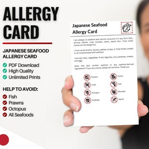 Japanse allergiekaart voor zeevruchten voor reizen en restaurants | Vis- en zeevruchtenallergie in Japan (digitale download)