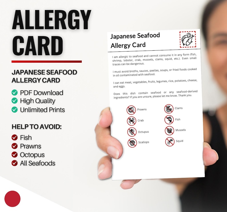 Japanese Seafood Allergy Card for Travel & Restaurants | Fish and ...