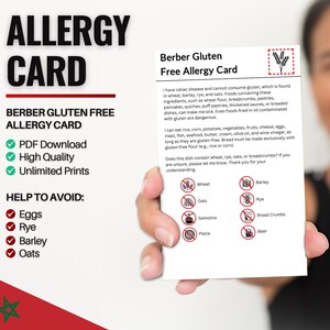 Berberse glutenvrije allergiekaart voor reizen en restaurants | Tarwe- en glutenvrije/coeliakie-allergie in Marokko (digitale download)