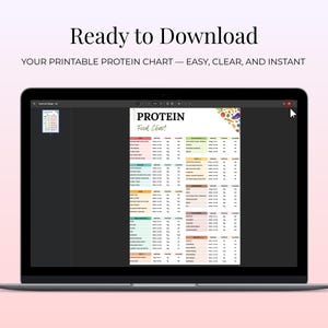 K&ouml;nnte beinhalten: Ein Laptop zeigt eine druckbare Proteintabelle. Die Tabelle tr&auml;gt den Titel "PROTEIN Food Chart" und enth&auml;lt ein farbenfrohes Design mit verschiedenen Lebensmitteln und N&auml;hrwertangaben. Der Text "Ready to Download" und "YOUR PRINTABLE PROTEIN CHART &mdash; EASY, CLEAR, AND INSTANT" sind ebenfalls sichtbar.