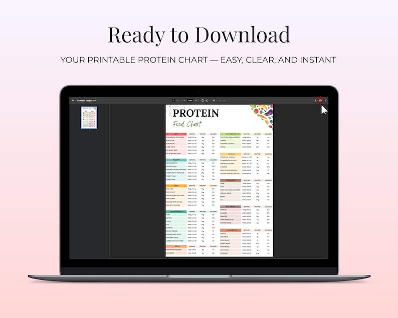 K&ouml;nnte beinhalten: Ein Laptop zeigt eine druckbare Proteintabelle. Die Tabelle tr&auml;gt den Titel "PROTEIN Food Chart" und enth&auml;lt ein farbenfrohes Design mit verschiedenen Lebensmitteln und N&auml;hrwertangaben. Der Text "Ready to Download" und "YOUR PRINTABLE PROTEIN CHART &mdash; EASY, CLEAR, AND INSTANT" sind ebenfalls sichtbar.